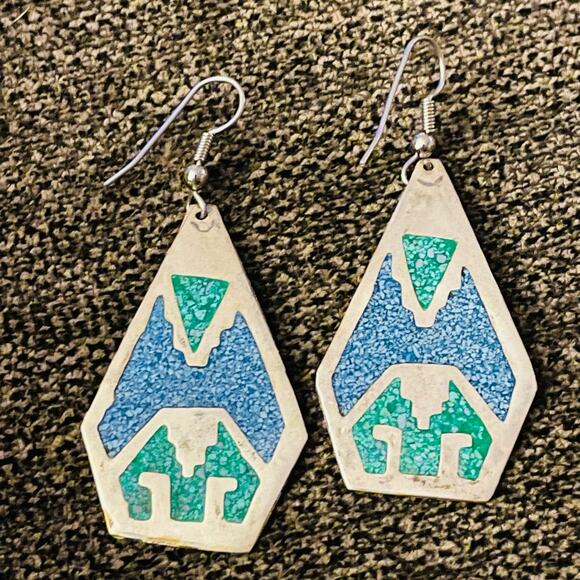 Vintage Alpaca Mexico Silver Tone Turquoise Inlay Earrings Pierced Pair - Picture 5 of 5